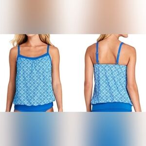 Lands' End Blue And White Blouson Tummy Hiding Tankini Top Sz 4 NWOT